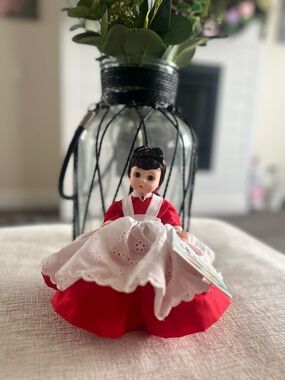 Vintage-Style Red & White Doll with Apron